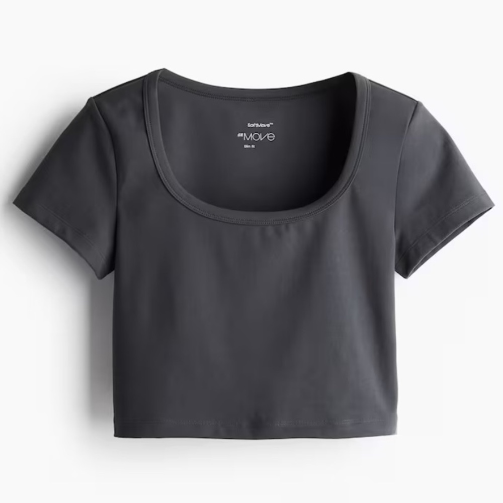 H&M Move] Soft Black Fitted Crop T-Shirt Short Sleeve